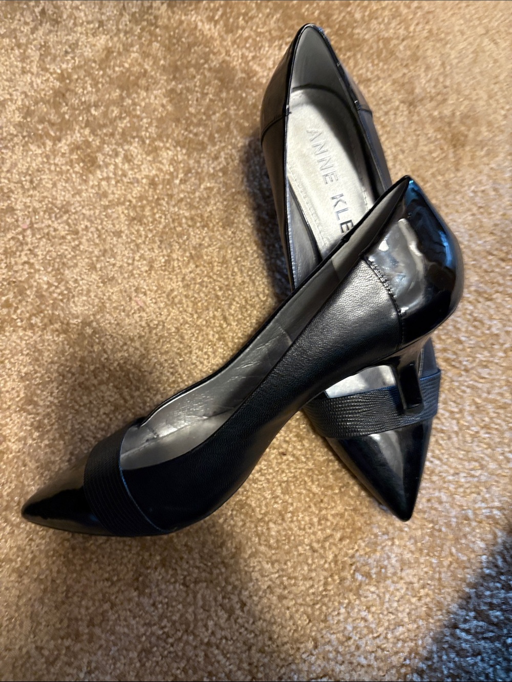 Anne Klein Black Pointed Toe Patent Pumps with Elastic Band - Picture 2 of 3